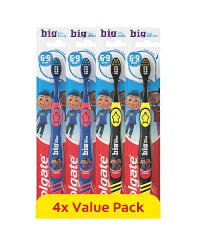 Image of Colgate Kids Toothbrushes Multipack 6-9 Years - Multi-Height Soft bristles Clean Big and Small Teeth - Rounded tip for Easy Reach of Back Teeth - swhite bristles Toothpaste Guide - 4 Pack