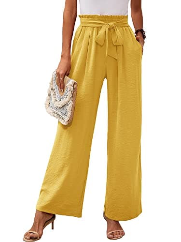 Image of Heymoments Women's Wide Leg Lounge Pants with Pockets Yellow Small Lightweight High Waisted Adjustable Tie Knot Loose Comfy Casual Trousers
