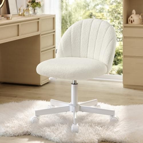 Image of SONGMICS Office Chair, Swivel Makeup Vanity Desk Chair, Height Adjustable, Teddy Fleece, Foam Padded, for Home Office, Bedroom, Dressing Room, Cream White OBG027WD02