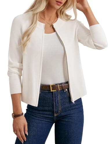 Image of GRACE KARIN Women's White Cardigan Zip Up Casual Knited Jacket Lightweight Sweater with Pockets White L