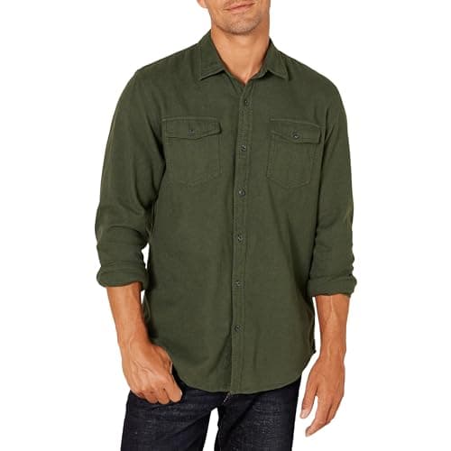 Image of Amazon Essentials Men's Regular-Fit Long-Sleeve Two-Pocket Flannel Shirt, Olive Heather, XXL
