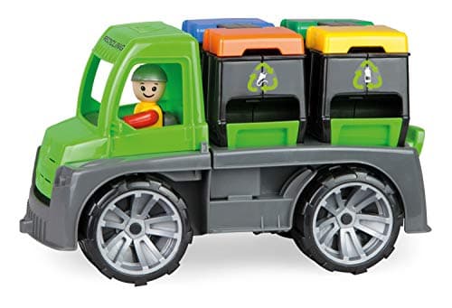 Image of Lena 04453 Truxx Recycling Garbage Approx. 26 cm, Robust, Rubbish Truck with Function, 2 Double Wheelie Bins and Fully Movable Toy Figure, for Children from 2 Years, Green