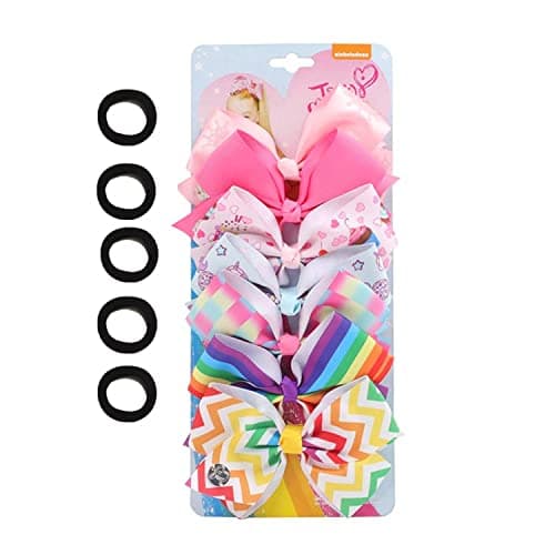 Image of 7pc 5" Large Hair Bows for Girls. JOJO Siwa Grosgrain Ribbon Hair Clips with Heart Emblem Accessories for Toddler