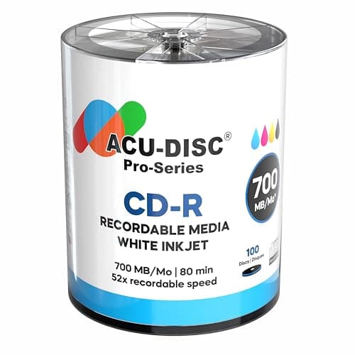 Image of ACU-DISC Pro-Series CD-R 52x Speed 700MB 80 Minute Full Face Brilliant White Inkjet Printable Blank Discs 17639 – 100 Pack Shrink Wrap
