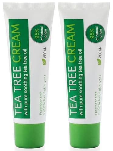 Image of Tea Tree Cream 2 x 50ml – Fragrance Free Vegan Moisturiser, 95% Natural Origin Skin Care for Oily, Blemish-Prone & Problem Skin – Soothing Herbal Formula