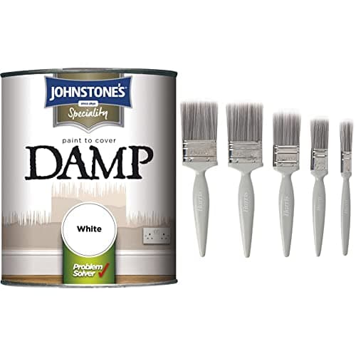 Image of Johnstone's 307955 Paint to Cover Damp White, 750ml and Harris Essentials Walls & Ceilings Paint Brush Set | Pack of 5 | 0.5", 1", 1.5", 2"