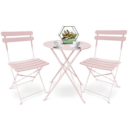 Image of SUNMER Patio Bistro Set 3 Piece with Foldable Table and Chairs - Powder Coated Steel Frame, Easy to Transport, Each Chair can Support 120kg - Ideal for Gardens, Patios, Balconies - Pink