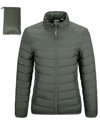 Image of Outdoor Ventures Womens Winter Lightweight Jacket Warm Short Packable Puffer Jacket Transitional Padded Jacket Quilted Jacket for Ladies Lined for Hiking Travel, Army Green XS
