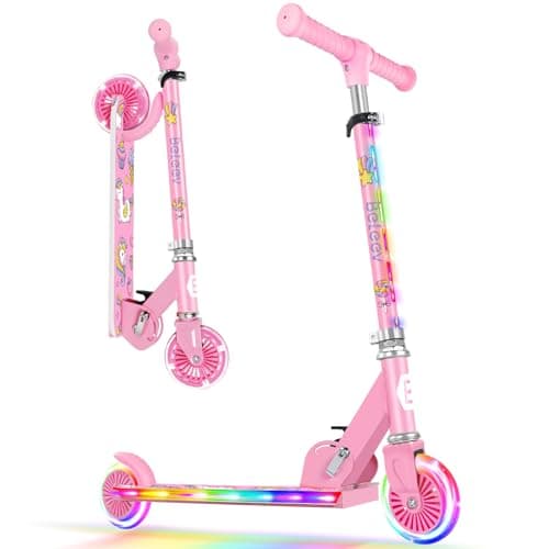 Image of BELEEV Scooters for Kids with Light-Up Wheels & Stem & Deck, 2 Wheel Folding Scooter for Girls Boys, 3 Adjustable Height, Lightweight Kick Scooter for Children Ages 3-12 (Light Pink)