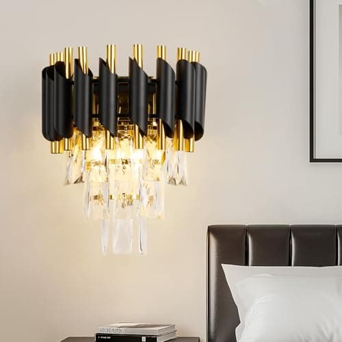 Image of HARPER LIVING Crystal Wall Light, Modern Wall Lamp Indoor with 3 Tiers Crystals, Black & Gold Finish, 2xE14 Luxury Crystal Sconce Light for Living Room Bedroom Hallway Hotel