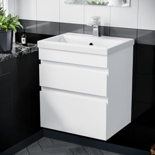 Image of Nes Home 500mm PVC 2 Drawers White Wall Hung Vanity Unit Cabinet and Basin Sink