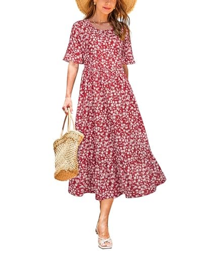 Image of STYLEWORD Women Summer Dress Floral Short Sleeve Ladies Casual Swing Midi Dress with Pockets(Red Floral,Medium)