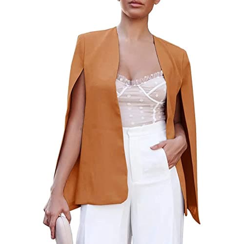 Image of Generisch Women's Cape Blazer - Split Sleeve Coats Open Front Transition Jacket Casual Jacket Coat Work Wear Women's Blazer Elegant Formal Coat Plain Short Blazer Comfortable Shoulder Jacket, Khaki157