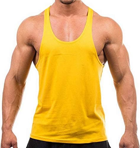 Image of Men's Stringer Gym Tank Top Shirt Print Cotton Bodybuilding Sport Vest (M, Yellow)