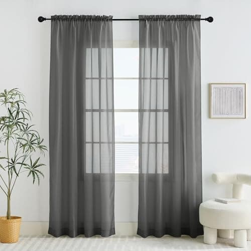 Image of PONY DANCE Dark Grey Net Curtains for Windows 60x84 inches - Slot Top Semi Transparent Grey Voile Curtains Privacy Protect Sheer Panels for Bedroom/Living Room, Set of 2
