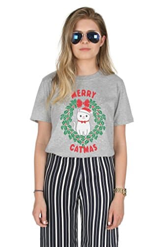 Image of Sanfran - Merry Catmas Top Fashion Christmas Slogan Xmas Meowy Funny Crazy Cat Lady T-Shirt - Extra Large/Light Grey