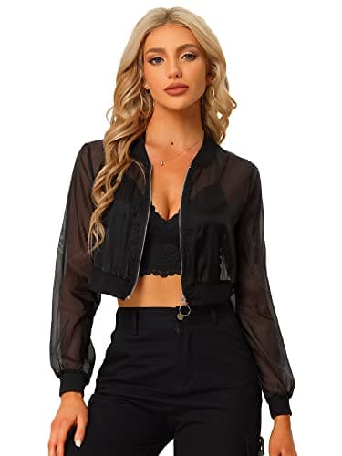 Image of Allegra K Bomber Crop Jacket for Women's Sheer Mesh Lightweight Long Sleeve Jackets Large Black