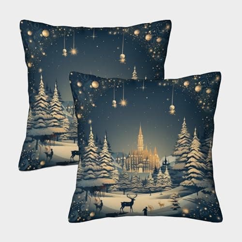 Image of GUYDZOOM Snowy Christmas Happy New Year Cushion Covers Set of 2 Interior Decorative Cushion Cover for Bedroom Sofa Cushion Cover Hidden Zip Interior Decoration |45x45cm