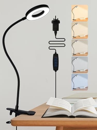 Image of ReinHoo Desk Lamp,5 Colors+10 Brightness Reading Lamp LED Desk Light,550lm Bright Clip on Light, USB LED Lamp with Adapter, 360°Adjustable Reading Lights for Books in Bed, Bedside Table, Study, Craft