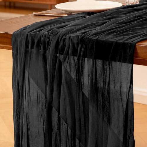 Image of Cheesecloth Table Runner Black , 300 x 90 CM, Bohemian-style Gauze Rustic Gauze Fabric Tablecloth for Wedding, Birthday Parties, Baby Showers, Christmas and New Year's Eve Table Decoration
