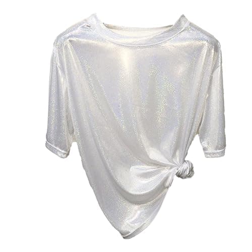 Image of Women's Short Sleeve Metallic Holographic T-Shirts Crew Neck Loose Shiny Tees Pullover Party Shimmer Disco Tops, White, Average Code
