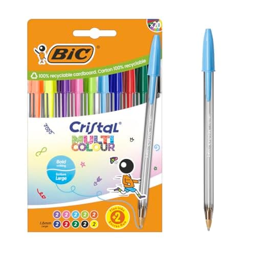 Image of BIC Cristal Multicolour Ballpoint Pens Wide Point (1.6 mm) - Assorted Classic, Neon, and Fun Ink Colours, Pack of 20