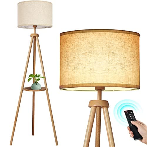 Image of OUTON Solid Wooden Tripod Floor Lamp, Bulb Included, Standing Lamp with Remote Control, Dimmable & 4 Color Temperatures, 1H Timer, Floor Lamp with Storage Shelf Linen Shade for Living Room Bedroom