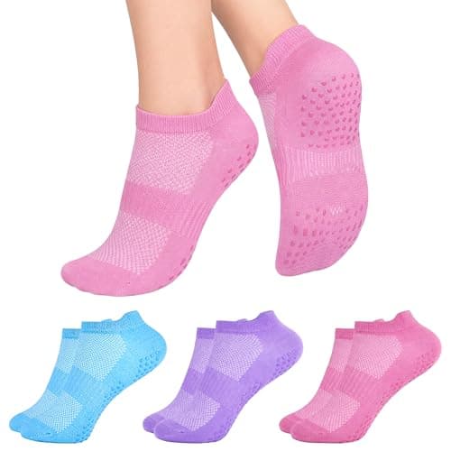 Image of Girls 3/6 Pairs Non-Slip Cotton Trainer Grip Socks | Kids Grip Socks with Arch & Heel Tab Support | Soft Breathable & Lightweight | Athletic, PE, Exercise, School, Trampoline Socks Kids | 1-12 Years