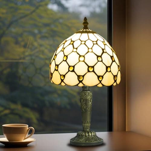 Image of Crefotu Small Tiffany Style Table Lamp, 3 Color Temperatures Bedside Lamp, 8 Inch Stained Glass Desk Light for Home Office Bedroom Living Room (White Bead Curtain)