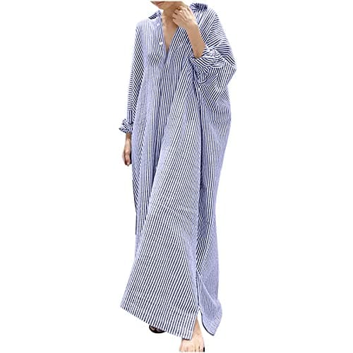 Image of Striped Maxi Dresses for Women Cotton Linen Shirt Dress Italian Kaftan Long Dress Button Down Oversized Beach Dresses Summer Loose Casual Holiday Dresses Lapel Long Sleeve Tunic Dresses