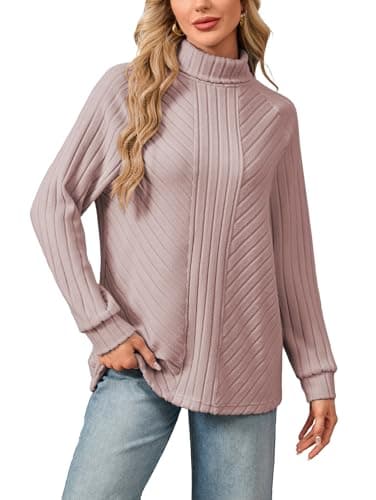 Image of Famulily Womens High Neck Jumpers Lightweight Textured Stripe Knit Sweater Autumn Winter Long Sleeve Tops Pink M