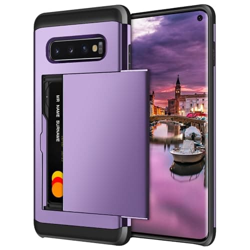 Image of Coolden for Samsung S10 Case with Card Holder Shockproof Wallet Protective Hard Back Rubber Bumper Card Holder Wallet Cases Cover for Samsung Galaxy S10 Phone Case (Grey Purple)
