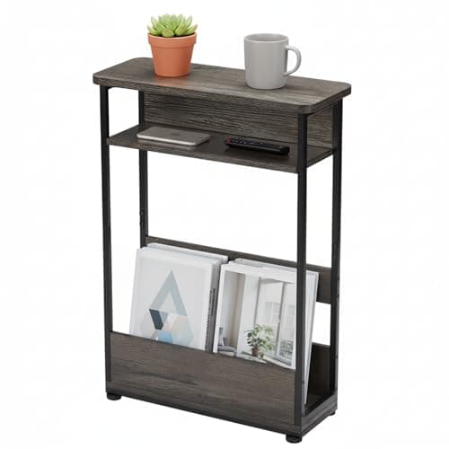 Image of YEAKOO Narrow Side Table with Storage Shelf, 3 Tier Slim End Table for Small Spaces, Narrow Bedside Table, Small Nightstand with Magazine Rack 46x18x62.5cm,Grey