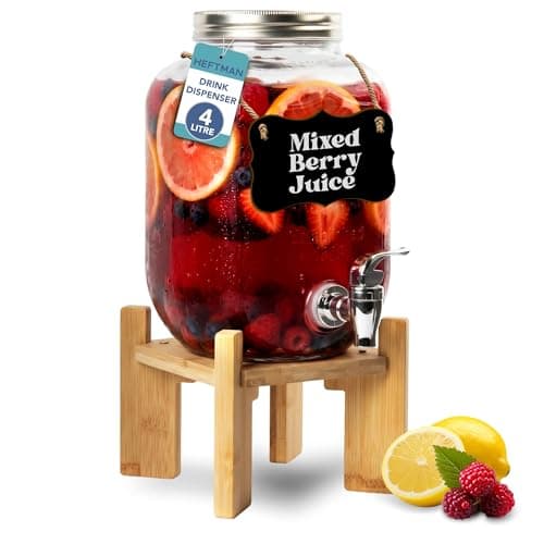 Image of HEFTMAN Glass Drink Dispenser with Tap - 4 Litre Mason Jar Drinks Dispenser with Sturdy Bamboo Stand for Water, Juice, Cocktails, Punch, Lemonade - Empty Beverage Dispenser, Ideal for Summer Parties
