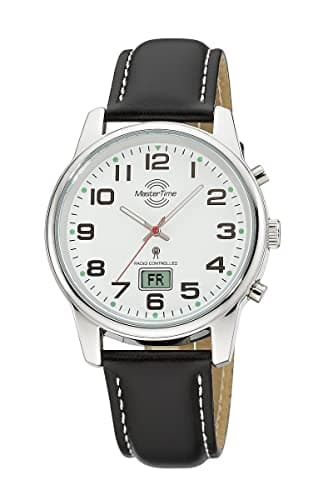 Image of Master Time MTGA-10814-12L Radio Quartz Men's Analogue Watch with Digital Date with Leather Strap, silver, Modern