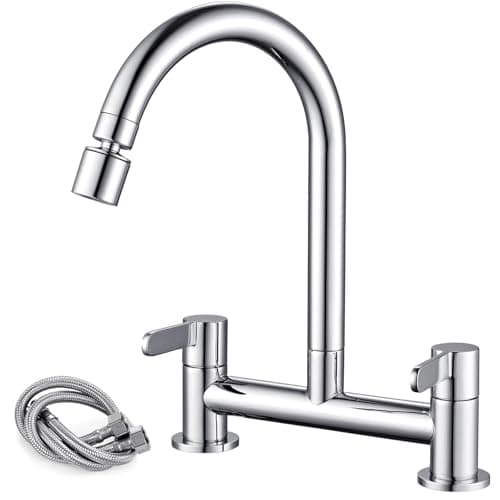 Image of Peppermint Kitchen Mixer Taps 2 Hole with 2 Function Aerator Kitchen Sink Mixer Taps Dual Lever Chrome Bridge Sink Mixer Tap for Kitchens 360° Swivel 180MM Center Deck Mounted 1/4 Turn Faucet