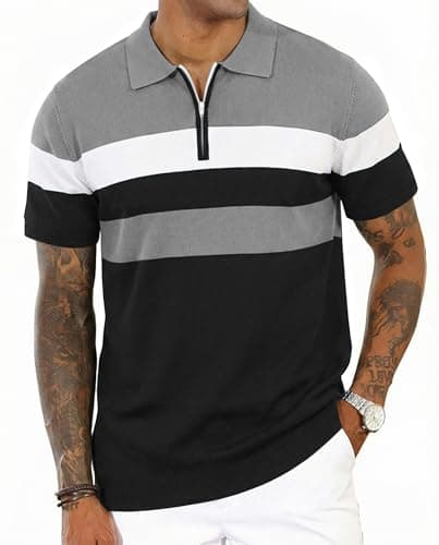 Image of CTU Men's Polo Shirts Vintage Striped Knitting Shirts Contrast Color Casual Golf Shirts Black XXL