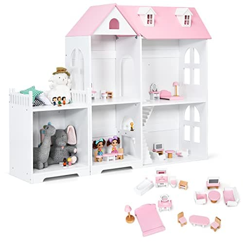 Image of COSTWAY Large Wooden Dolls House, 2 in 1 Kids Bookcase Dollhouse with Furniture and Accessories, 2 Storey Pretend Play Set for Girls Boys (Pink)