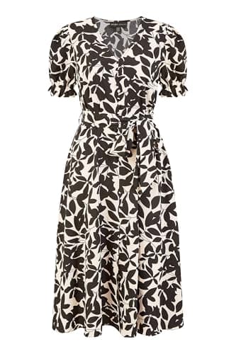 Image of Mela London Mela Black and White Leaf Print Midi Tea Dress 10 Black