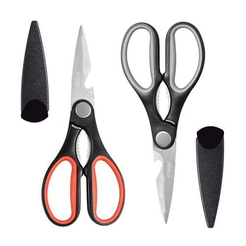 Image of LIVINGO Heavy Duty Kitchen Scissors - 2 Pack 8", Sharp Shears for Chicken Meat Vegetables, BBQ & Cooking - Multi-Functional Nut Cracker, Bottle Opener & Fish Scaler, Dishwasher Safe with Safety Cover
