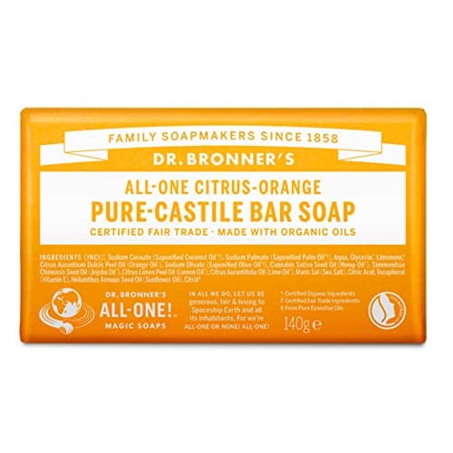Image of Dr Bronner's Citrus Orange Pure Castile Bar Soap, Made with Organic Oils and No Synthetic Fragrances, Used for Face, Body and Hair, Certified Fair Trade & Vegan Friendly, 140g Bar
