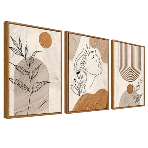 Image of Framed Canvas Wall Art Set of 3 Bohemian Earth Tone Painting Prints for Wall Poster Elegant Abstract Woman Face Pictures for Living Room Bedroom Hallway Stairs 40x60cm x3pcs (No Acrylic Glass)
