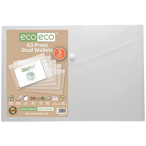 Image of eco-eco A3 50% Recycled Clear Transparent Press Stud Popper Wallet, Plastic Folders (Pack of 5)
