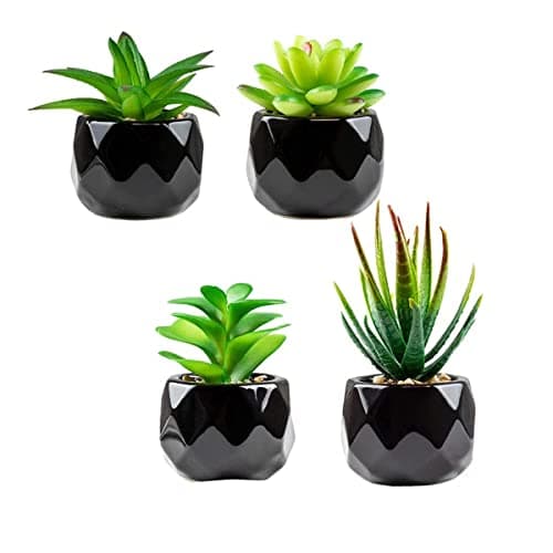 Image of Artificial Succulents Plants Potted Indoor, Set of 4 Small Fake Plants in Black Ceramic Pot, Faux Plant Black Decor for Window Sill, Office, Table, Home, Bathroom, Living Room