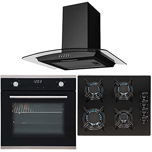 Image of SIA 60cm Black Single Touch Control Fan Oven, 4 Burner Gas Hob & Curved Hood Fan