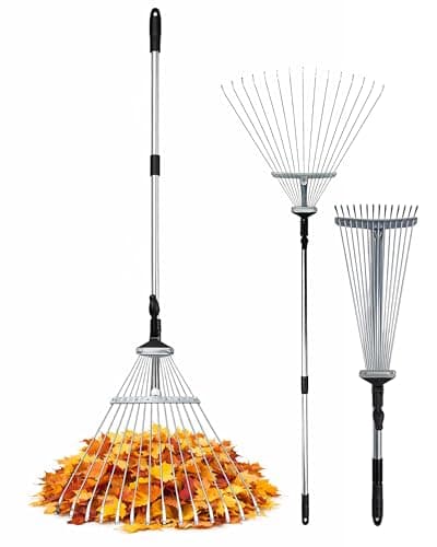 Image of Keplin Garden Rake with Telescopic Handle – 80 to160cm Adjustable Rake, 15 Tine Expanding Metal Rake for Leaves, Lawn, Yard & Soil Cleanup, Foldable Space-Saving Design, Versatile Garden Tool