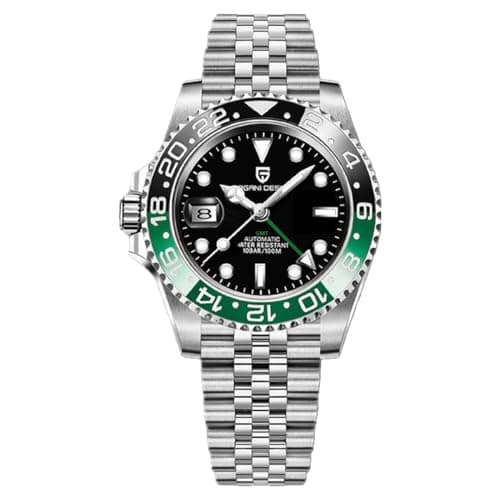 Image of PAGRNE DESIGN GMT Automatic Mechanical Men's Watch Rotating Ceramic Bezel Stainless Steel with Date Function Sport Watch(Steel Belt Black Green-5)
