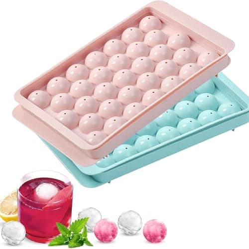 Image of 2 Pack Round Ice Cube Tray Moulds,Mini Ice Cube Tray Balls,Reusable Mini Sphere Silicone ice Cubes Trays,33-Cell Ball Ice Cube Moulds,for Water,Whiskey,Cocktails,Beverages,Tea,Coffee(Blue+Pink)