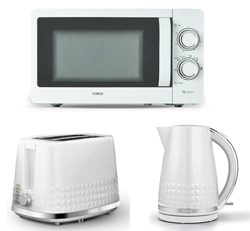 Image of Tower Solitaire White 1.5L 3KW Jug Kettle, 2 Slice Toaster & T24042WHT 800W 20L Manual Microwave. Matching Contemporary Design Kitchen Set in White