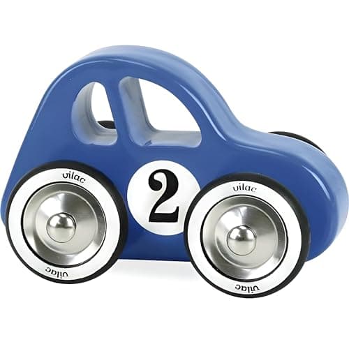 Image of Vilac Retro Swing Wooden Racing Push and Pull Toy Car with Metal and Rubber Wheels, Comes In Lovely Box, Handcrafted In France, 14 x 9 x 8 cm, 2 Years+, Blue